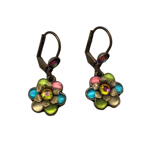 Michal Negrin Multicolor Enamel Crystal Flower Dangle Drop Earrings Brass Tone - Picture 2 of 5